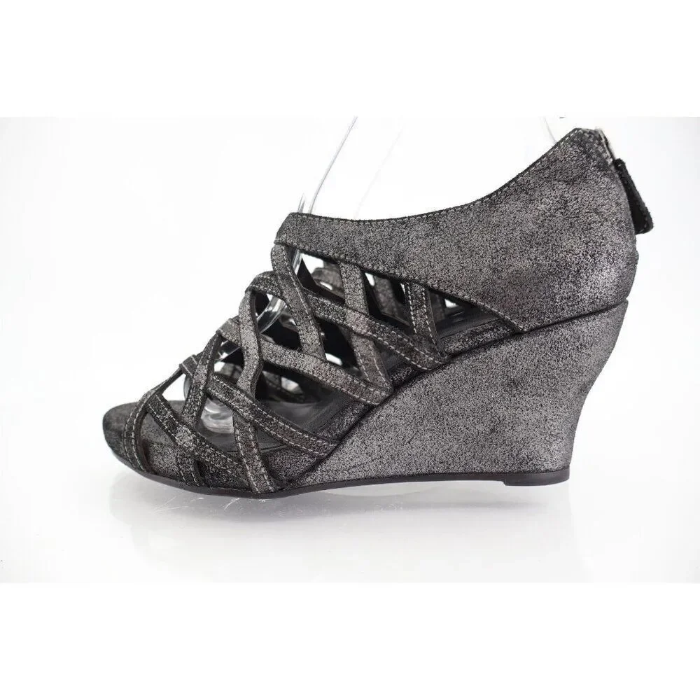 Eileen Fisher Womens Oodle Sandal 6 Open Toe Bootie Black Leather Wedge Caged